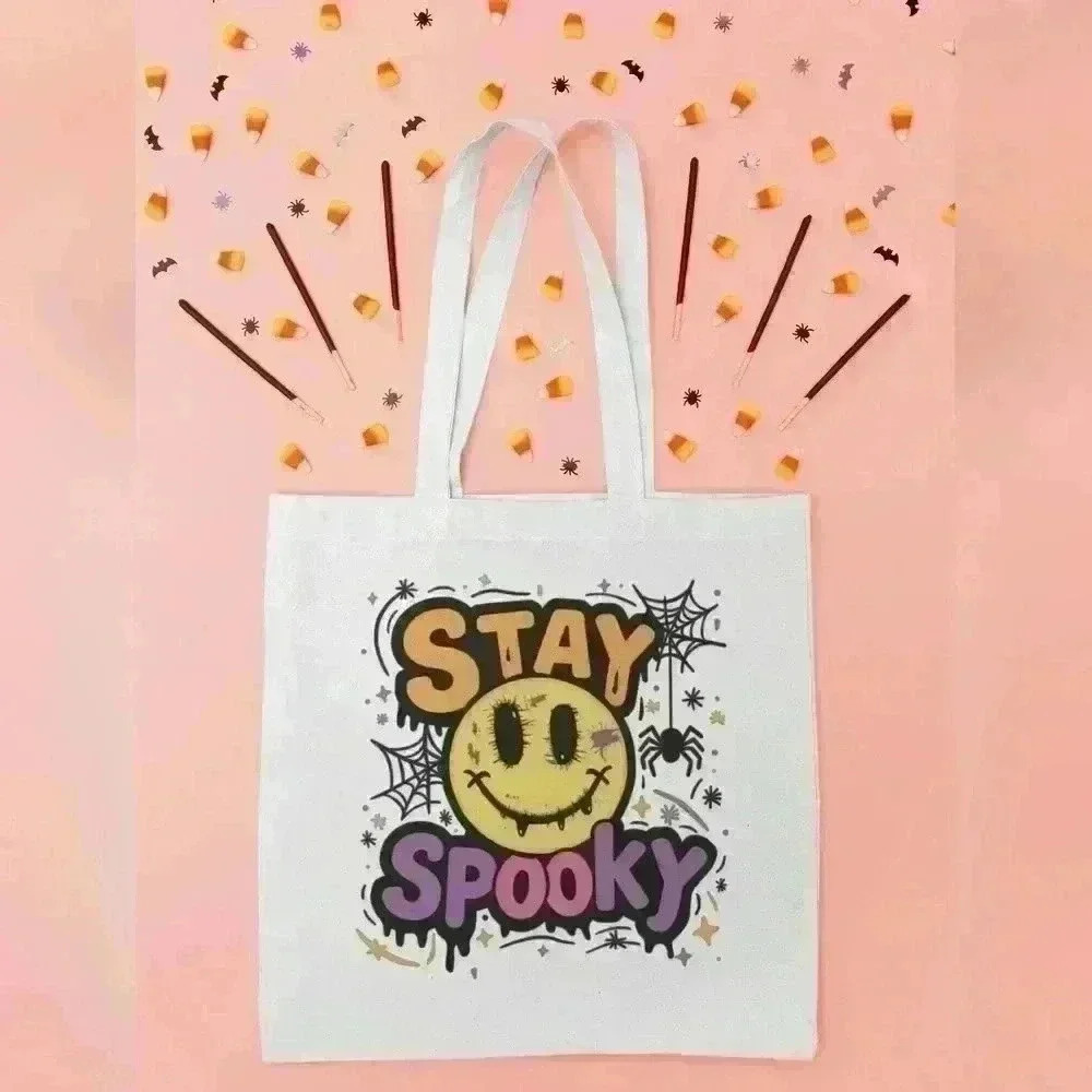 Stay Spooky Halloween Canvas Tote Bag – Reusable Eco-Friendly Shopping B…